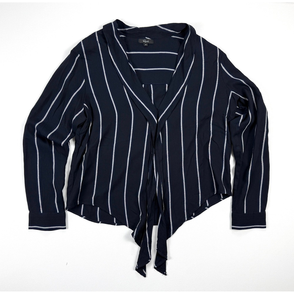 Rails Ava Livorno Stripe Blouse M Navy Metallic Lurex Tie Front V Neck Top #1959